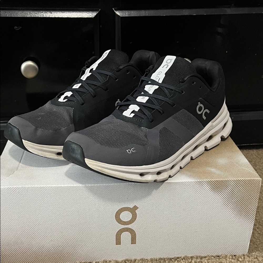 On Running Charcoal and White Athletic Shoes